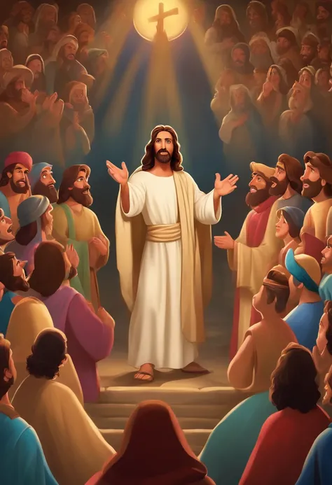 Create an image of Jesus preaching to a crowd in the style of Disney cartoons