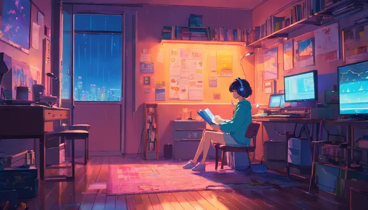 (Staynight), Girl studying in her room, Reading a book, Wear headphones, , night lights, Neon landscape on a rainy day,Analog Color Theme, Lo-Fi Hip Hop , Retrospective, Flat, 2.5D ,Draw a line, Ink drawing, Large gradient, Watercolor painting, Goosch colo...