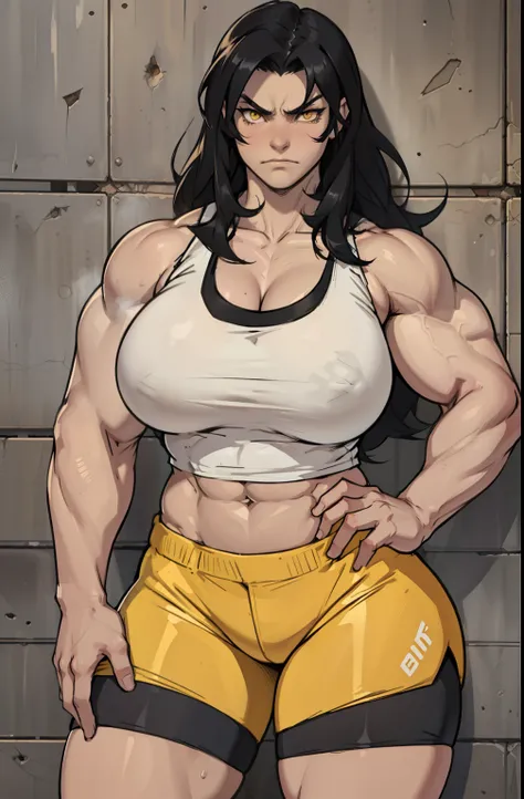 solo, ((1 girl)), very long hair, black hair, angry, yellow eyes, ((((muscular)))), ((huge tits)), ((thick thighs)), ((wide hips)), (cowboy shot), pale skin, tank top, bike shorts, standing, toned body, against wall