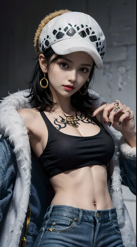 masterpiece, best quality, 8k,highestres, absurdres, extremely detailed, female trafalgar law, 1girl, 1sword, solo, looking at viewer, short hair, medium breasts, hat, navel, cleavage, collarbone, earrings, midriff, pants, coat, fur trim, denim, jeans, sho...