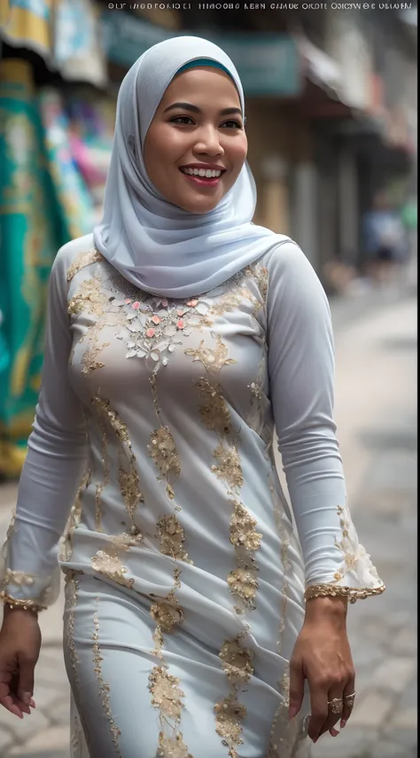 1 malay woman in hijab,((wear tight white baju kurung with small floral pattern)),(big buttocks), big round ass, Small chest, laughing smile, (hijab flying), de pele branca,big breasts thin waist, mexico-style street, Hyper-Realism, Cinematic lighting, dep...