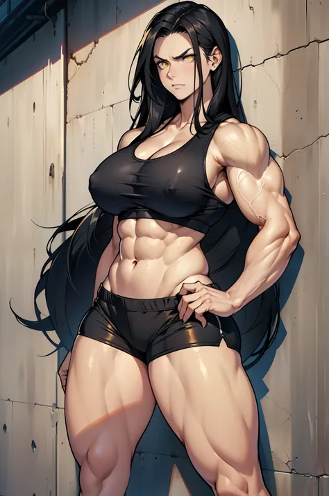 solo, ((1 girl)), very long hair, black hair, angry, yellow eyes, ((((muscular)))), ((huge tits)), ((thick thighs)), ((wide hips)), (cowboy shot), pale skin, tank top, bike shorts, standing, toned body, against wall