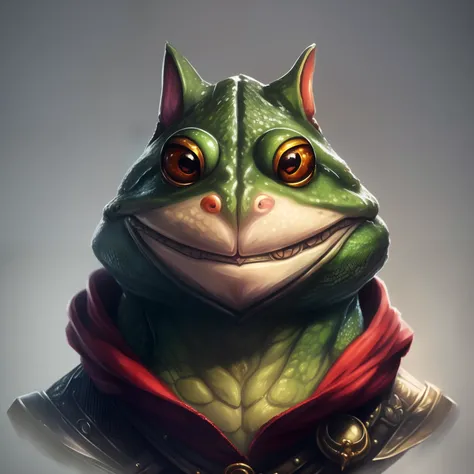 a close up of a cat frog with a red scarf, fantasy art smug smile man, hyperdetailed fantasy character, lizardman art, fantasy  concept portrait, cyberpunk cat frog, portrait of a cat the frog, anthropomorphic cat with grog, lizardfolk, frog head, closeup ...