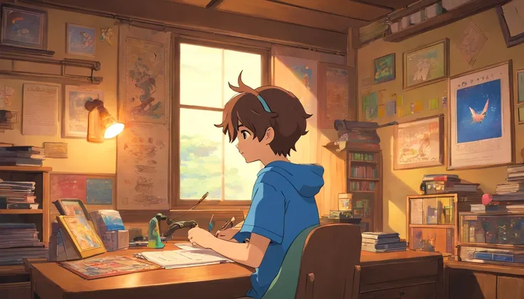 (masutepiece) Boy sitting in his room studying, On his desk, With headphones on, Geek Decoration, Pokémon Plush on the Wall, poster for, Window with the moon and stars, Calm, peaceful, Thinking, unreal enginee 5, Cinematic, colour grading, ultra-detaillier...