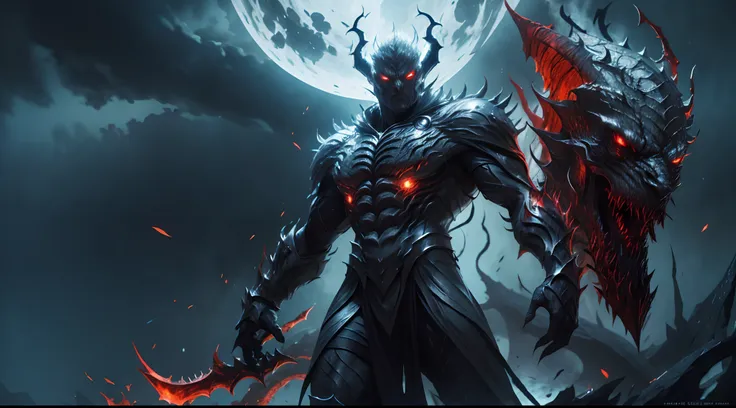 full body shot of garou with handsome face, red eyes, alduin, sharp glowing red eyes, darksiders art style, demon-inspired black...