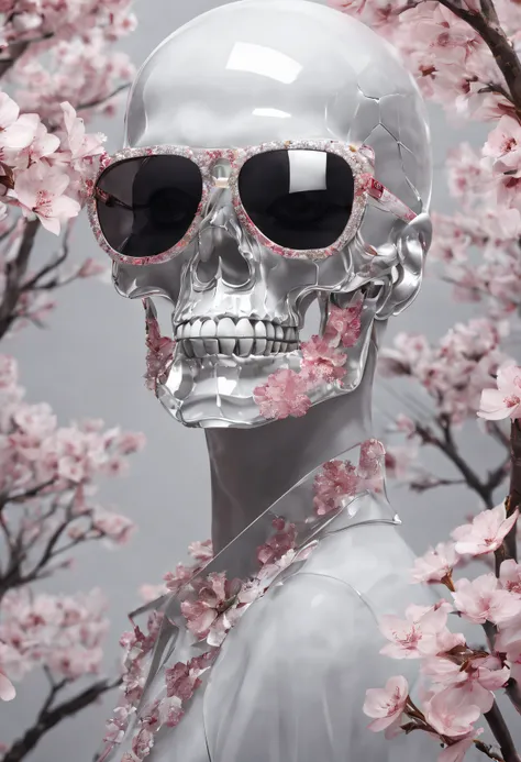 High quality, 8K Ultra HD, The cherry blossom pattern inside the skull is made of transparent glass crystals with geometric surfaces, high detal,ultra-realistic, shimmers with a captivating brilliance，Wearing sunglasses