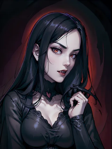 absurdres, ((stunning female vampire))), goth renaissance, (long black hair:1.3), perfect and detailed angular sharp oval shaped...