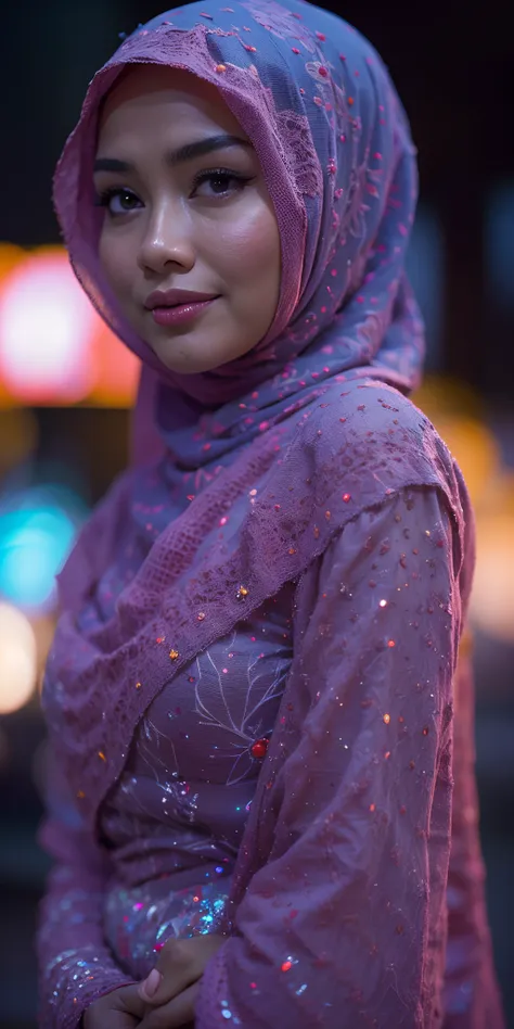 1 matured malay girl in hijab wear kebaya, kuala lumpur street, nighttime, neon city lights, upper body,close-up, seducing, sexy...