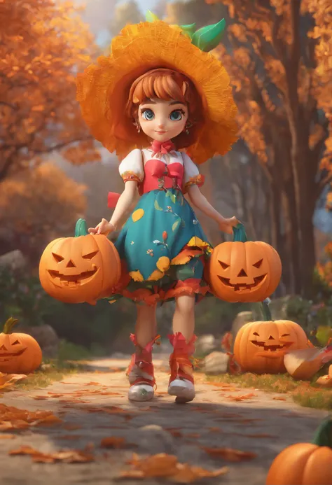 Unreal Engine 5, Cute skeleton, 8 K high quality detail art, 4k highly detailed digital art, pumpkins, Cute 3d render, 8 K highly detailed Halloween theme,concept art of character,A beautiful painting by William Egleston,Frida Kahlo,Caricature,a whimsical ...