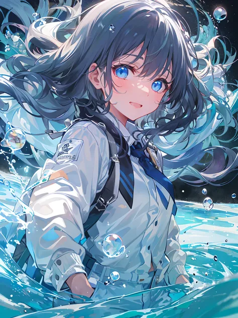 ((top-quality)), ((​masterpiece)), ((ultra-detailliert)), (Extremely delicate and beautiful), girl with, 独奏, cold attitude,((Black jacket)),She is very(relax)with  the(Settled down)Looks,A dark-haired, depth of fields,Evil smile,Bubble, under the water, Ai...