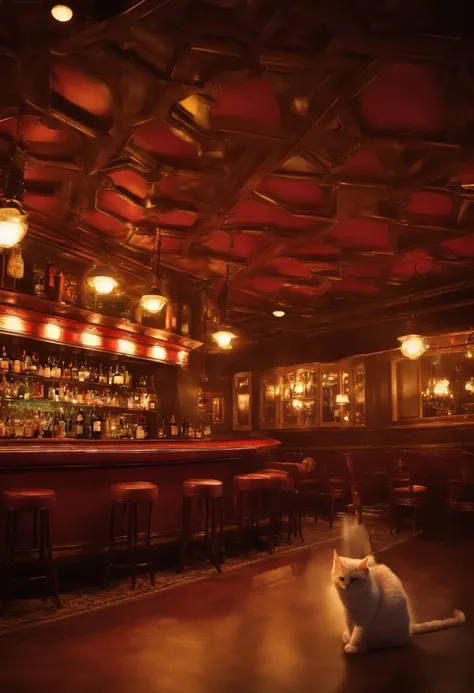 ((Scene looking at the ceiling from the floor, Cats perspective, Looking up from a low position, Looking up from a low position,))Retro Bar Counter , Whiskey bottles lined up at the counter, beautiful ilumination, Bar Counter Chair, Low angle seen from the...