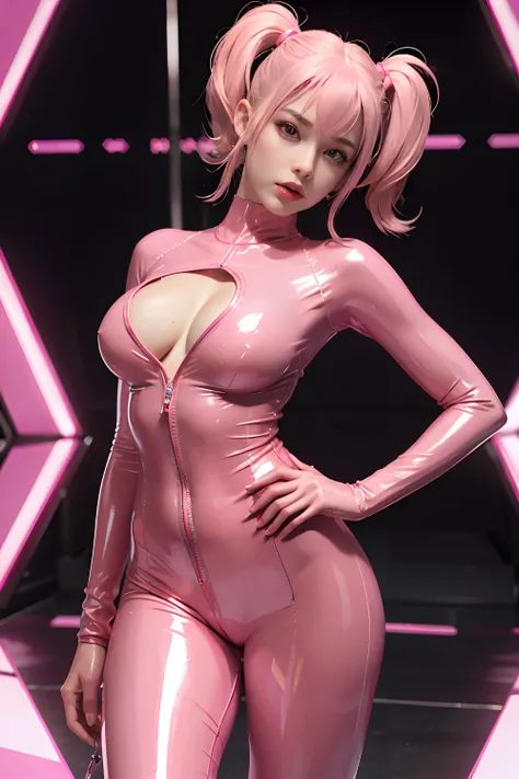 Pink latex catsuit with cutouts and holt neck, latex shiny, Pink body, wearing atsuko kudo latex outfit, wearing tight suit, smooth pink skin, Catsuit, Wearing latex, shiny plastic, shiny metallic glossy skin, Pink glowing color, latex outfits, chrome body...