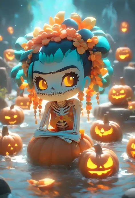 Unreal Engine 5, Cute skeleton, 8 K high quality detail art, 4k highly detailed digital art, pumpkins, Cute 3d render, 8 K highly detailed Halloween theme,concept art of character,A beautiful painting by William Egleston,Frida Kahlo,Caricature,a whimsical ...