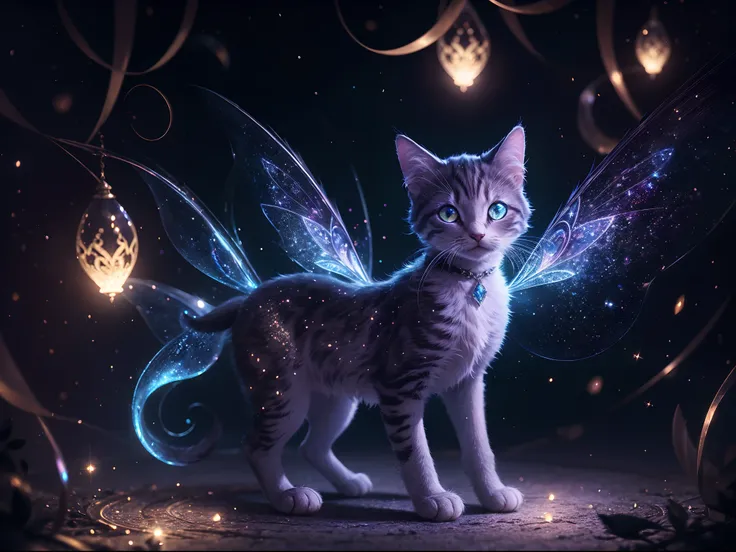 (Absurdres:1.2), exquisitely detailed kitten, night aura, ethereal, Occult, surreal art, Shimmer, approaching perfection, ultra high quality, bokeh, reflective materials, shadows, volumetric lighting, 8k resolution, illustration