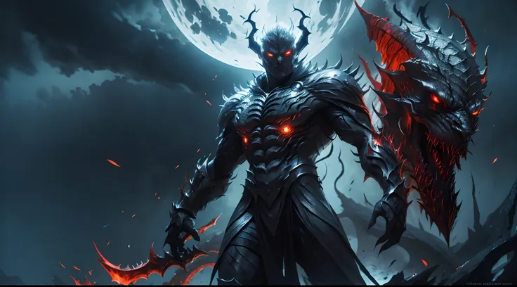 full body shot of garou with handsome face, red eyes, alduin, sharp glowing red eyes, darksiders art style, demon-inspired black...