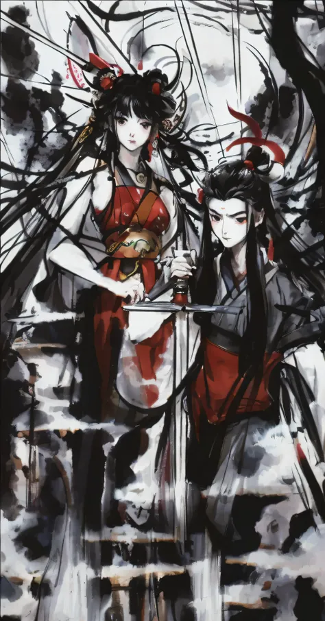 《Oriental Shenwa》Two characters in this anime。Painting two women wearing red dress and black and white background, by amano, Anime artwork, Anime Paintings, top 25 fantasy anime series, anime still film anime shikishi, yiqiang and shurakrgt, yoshitaka aman...