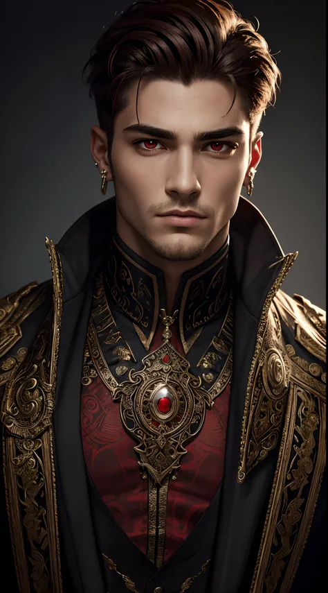 A stunning high-resolution portrait of a handsome man with piercing red eyes, his face expertly rendered with intricate details and a professional touch.