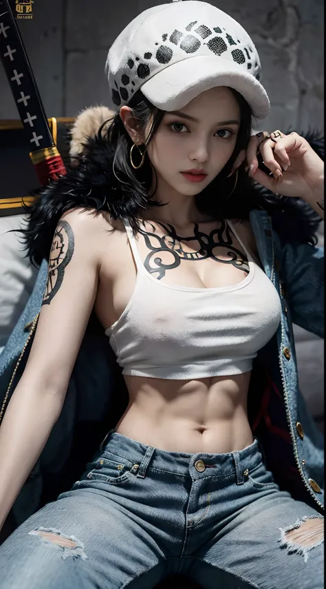 masterpiece, best quality, 8k,highestres, absurdres, extremely detailed, female trafalgar law, 1girl, 1sword, solo, looking at viewer, short hair, medium breasts, hat, navel, cleavage, collarbone, earrings, midriff, pants, coat, fur trim, denim, jeans, sho...