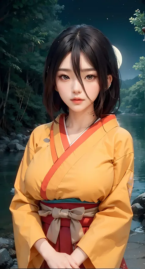 Real life adaption of this character, Korean beautiful face, looking to viewer,realistic same hair and the back of her hair is long,(realistic same tight kimono outfit ),realistic nature scenery with Moonlight view background, hyper realistic, realistic li...