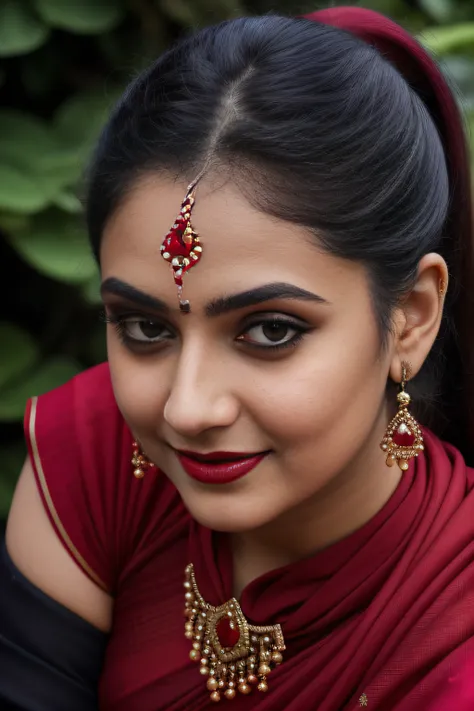 day scene, extreme close up photo of ArtStatio vedhika from top view, big cheeks, red Hollywood lips, black sari, huge breasts, squatting near shrub in a garden, hourglass figure, armpits, (blue eyes:1), ponytail, necklace, 30 yo, look at viewer and smile,...