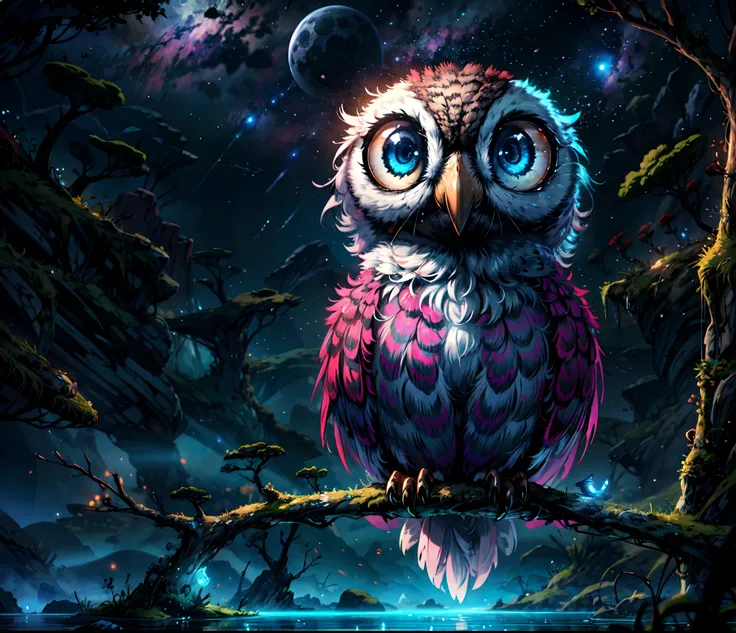 close shot  of a mythical owl with colorful feathers, galaxy eyes, shiny feathers, detailed feathers, detailed big eyes, the owl is landing on an alien tree branch , moon in the sky,looking at viewers with the eyes of judgement, focus, alien landscape back...