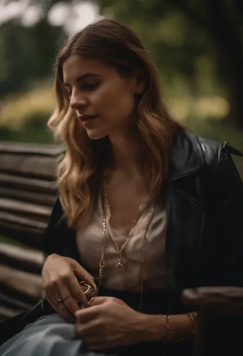 Uma mulher sentada em um banco em um parque, Looking at a necklace thats in your hand.