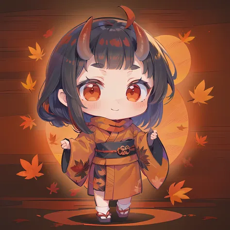 (((masutepiece))), Best Quality, Extremely detailed, (put hands on the hip:1.2), (Kimono:1.2), (scarf:1.2), (((Demon Girl))), banya, (((Solo))), (Black Long Hair), Happy, Red Eyes, Full body, Ahoge, (((Deformed))), (((Chibi Character))), (((Autumn backgrou...