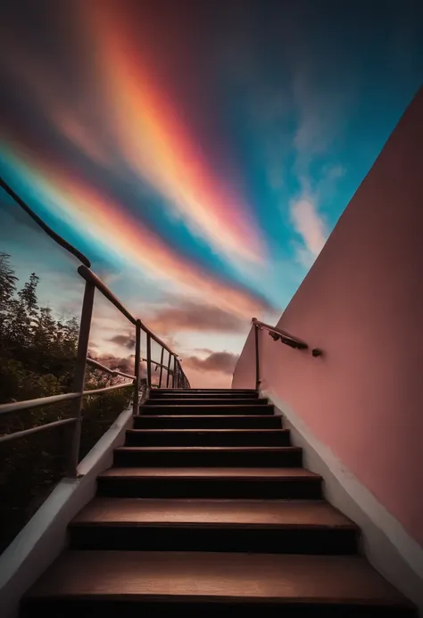 Close-up of the stairs leading to the rainbow sky, A very colorful staircase to heaven. The sky is full of iridescent clouds. This staircase leads from hell to heaven, Reflecting the colors of the heavens. Rainbow clouds lead you to a colorful sky. This ro...