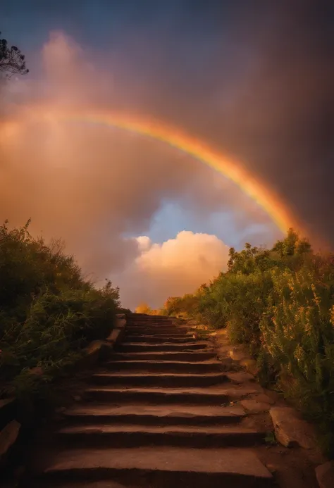 Close-up of the stairs leading to the rainbow sky, A very colorful staircase to heaven. The sky is full of iridescent clouds. This staircase leads from hell to heaven, Reflecting the colors of the heavens. Rainbow clouds lead you to a colorful sky. This ro...