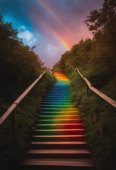 Close-up of the stairs leading to the rainbow sky, A very colorful staircase to heaven. The sky is full of iridescent clouds. This staircase leads from hell to heaven, Reflecting the colors of the heavens. Rainbow clouds lead you to a colorful sky. This ro...