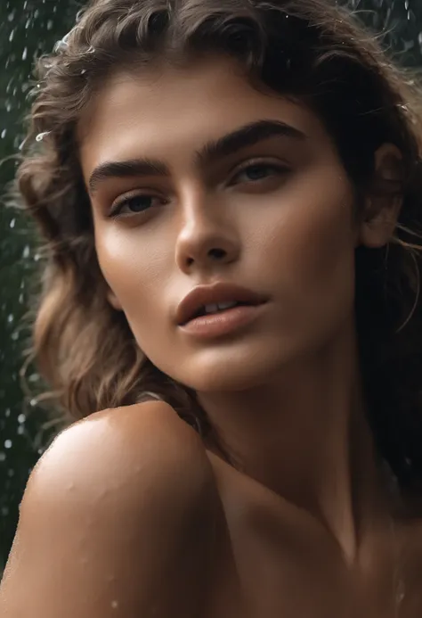 Appearance Asia Curly top model with long brown hair Kaia Gerber is filmed in the rain for Chanel in a sexy outfit , street photography , Naked , sexy body , Smoking cigarettes with a gun , Naked Huge breasts, Lush breasts, Sheer clothing