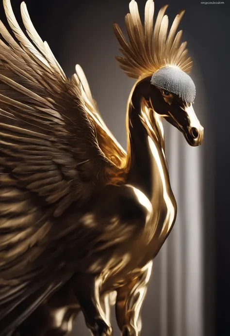 Pegasus alados preto, with white spot on the head in the shape of a birds feather, olhos claros brilhantes,dourado , cores muito brilhantes, light particles, com luz brilhante, Mshiv, Arte do papel de parede, Papel de parede UHD imagem hd