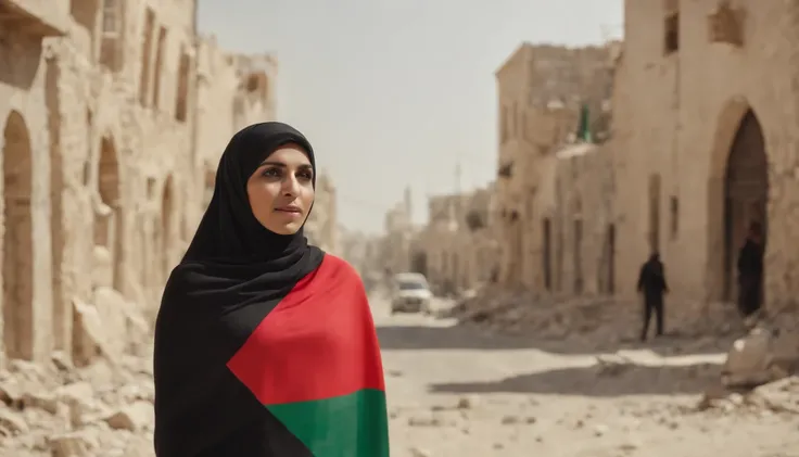 35 years old women wearing a hijab Palestine Flag shirt decorated with Palestinian flag ,explosion, divasting buildings. In middle of the street. Realistic photo accurate.