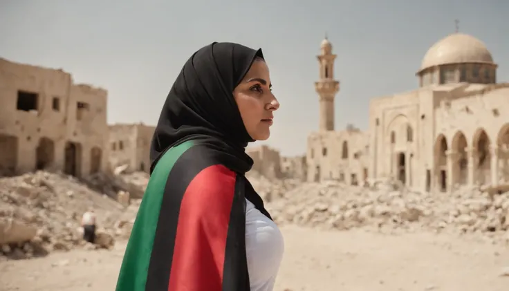 35 years old women wearing a hijab Palestine Flag shirt decorated with Palestinian flag ,explosion, divasting buildings. In middle of the street. Realistic photo accurate.