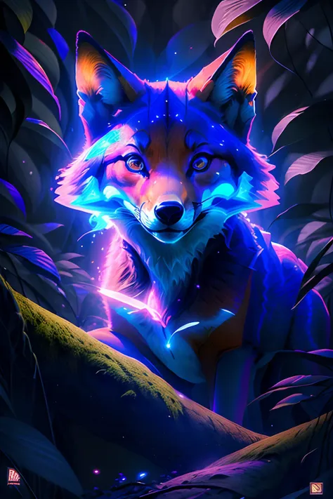 Raposa antropomorphic realista de cores vivas iriscente com olhos brilhantes e cauda brilhante, ultra realistic antropomorph ethereal fox, raposa digital iriscente, arte de fantasia digital colorida, arte digital luminescente, Arte digital altamente detalh...