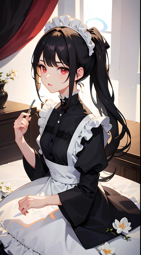 masterpiece,(best quality, illustration,detailed face:1.3),(1girl,solo:1.3),beautiful detailed eyes,  apron, gradient_background, gradient, maid, red eyes,black hair,small breasts,, BREAK, enmaided, white_apron, black_dress, ponytail, black_footwear, frill...