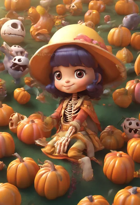 Cute skeleton, 8 K high quality detail art, 4k highly detailed digital art, pumpkins, Cute 3d render, 8 K highly detailed Halloween theme,concept art of character,Game scene graph,A beautiful painting by William Egleston,Frida Kahlo,Caricature,a whimsical ...