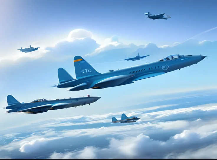 There were two planes flying in the sky above the clouds, Boeing concept art, Boeing concept art painting, realistic aircraft, flying aircrafts, Planes, realistic aircraft, fused aircraft parts, Real aircraft reference, electric cats that fly over ice, Pla...