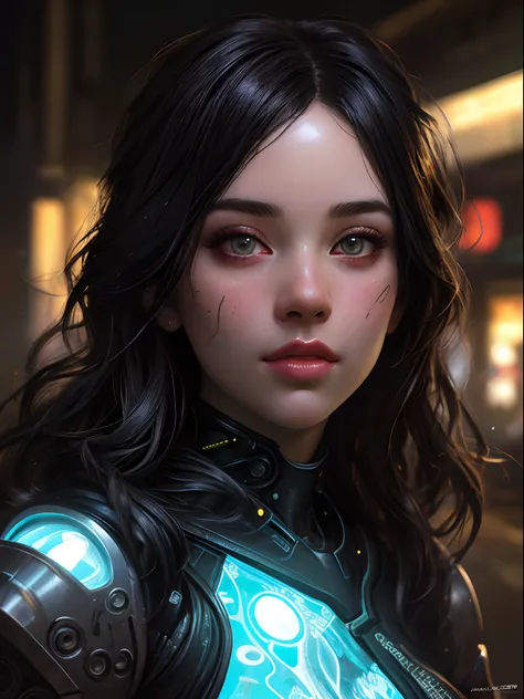 Stunning photorealistic portrait oil painting of 1 beautiful cyberpunk girl, white skin, black shapeless cyberpunk hair, baroque intricate cyber armor, solo, hyperdetailed painting, luminism, Bar lighting, complex, white eyebrows, 4k resolution concept art...