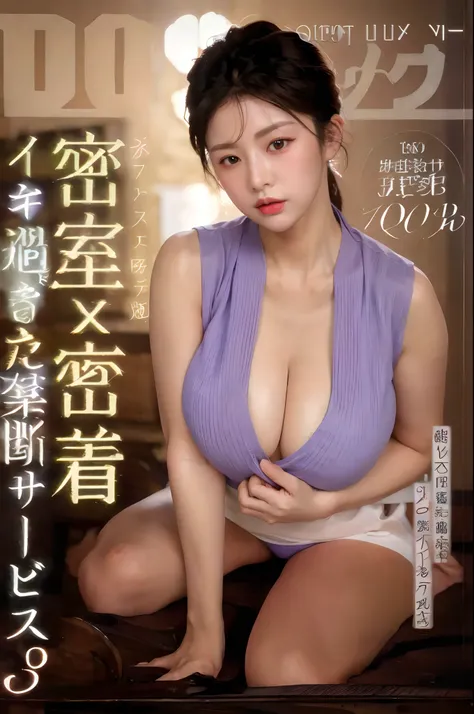 (masterpiece:1.3), (High resolution:1.1), Detailed beautiful face, Detailed beautiful, (huge breasts, gigantic breasts:1.4,  a woman in a purple top is posing for a magazine, oppai, sakimichan, 奈良美智, sexy-s 100, reluvy5213, with a large breasts, big breast...