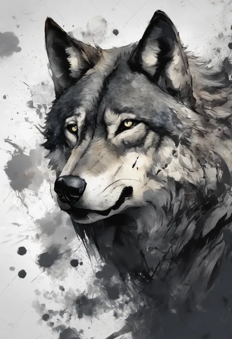 Black and gray realistic wolf tattoo art (((brue eyes))) With ink splatter sketch effect ,He opened his mouth and said,、Looks very fiercely angry