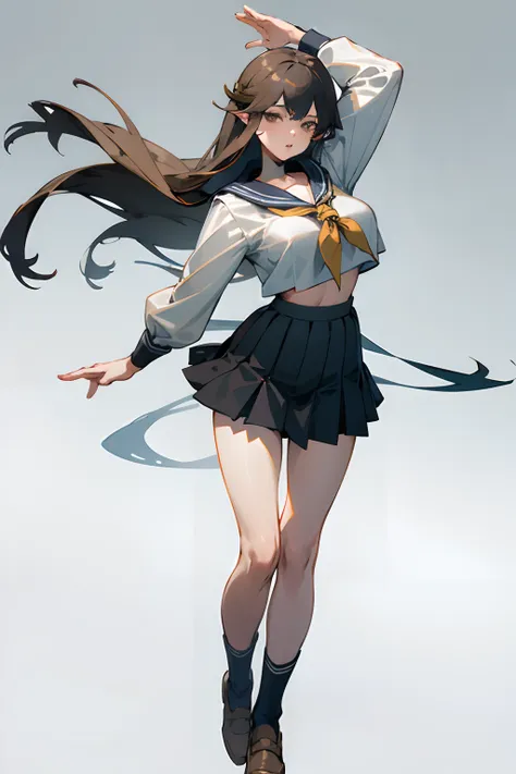 bigboobs，cropped shoulders，knee length socks，pleatedskirt，a sailor suit，stand up，standing straight，white backgrounid