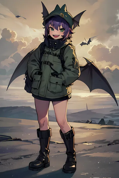 1girl, purple hair, grey ushanka, dark green down jacket, big black boots, sharp teeth, smug, big black backpack, small bat wings with piercings, wasteland