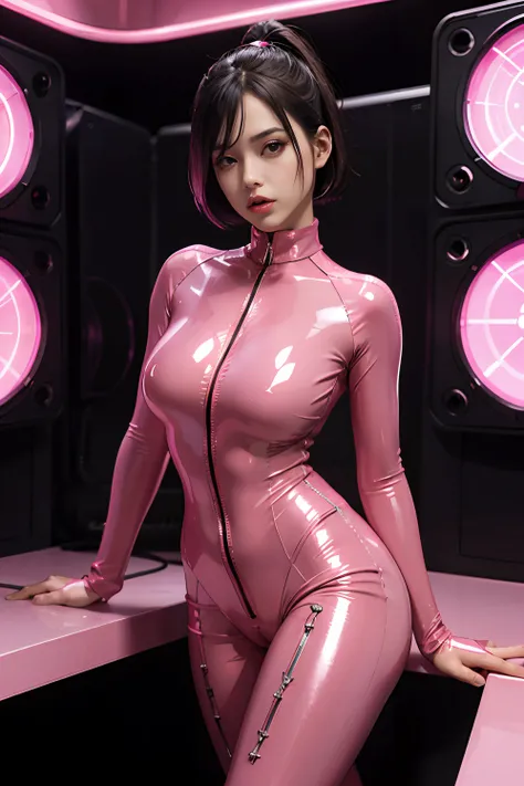 Pink latex catsuit with cutouts and holt neck, latex shiny, Pink body, wearing atsuko kudo latex outfit, wearing tight suit, smooth pink skin, Catsuit, Wearing latex, shiny plastic, shiny metallic glossy skin, Pink glowing color, latex outfits, chrome body...