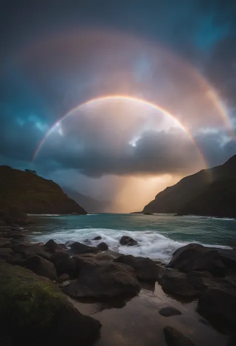 Close up of iridescent circle in the sky. The scene features a rainbow resembling air.、Full of iridescent clouds. This is such a colorful haven. Clouds are iridescent、Illuminated by the holy halo. The scene has、Also included are clear iridescent galaxies a...