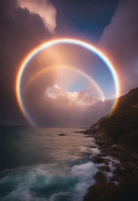 Close up of iridescent circle in the sky. The scene features a rainbow resembling air.、Full of iridescent clouds. This is such a colorful haven. Clouds are iridescent、Illuminated by the holy halo. The scene has、Also included are clear iridescent galaxies a...