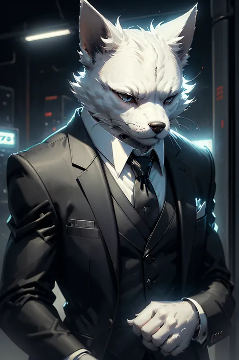 (man in black suit and tie)comic strip、anthropomorphic white terrier dog、cyberpunked