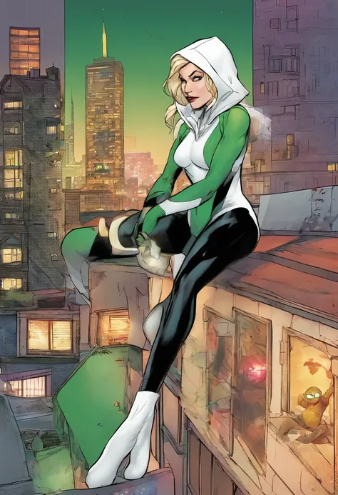 spider Gwen. Long Greying Blonde hair, green eyes. 40 years old. Aging Single mother. Wrinkles. Stressed out. Wearing her iconic costume. one handed on her hip. She looks like she feeling back pains. On roof top alone.