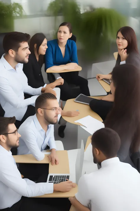 people sitting next to eachother discussing in office serious face