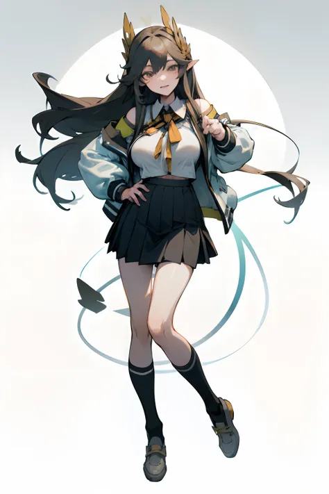 bigboobs，cropped shoulders，knee length socks，pleatedskirt，student uniform，stand up，standing straight，white backgrounid